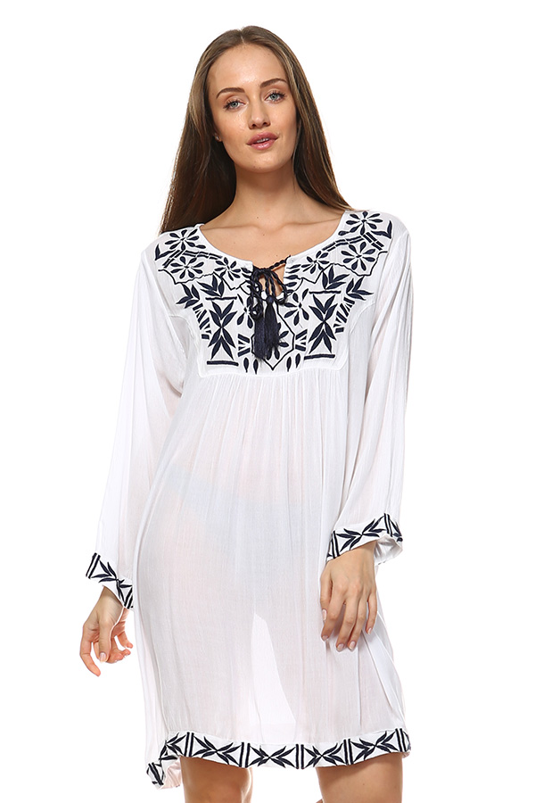 Long Sleeve White Tunic Top with Blue Embroidery